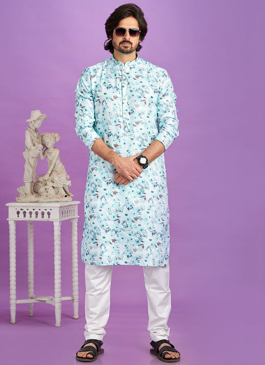 Blue Cotton Pintux Work Festival Wear Readymade Kurta Pajama SW174648