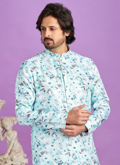 Blue Cotton Pintux Work Festival Wear Readymade Kurta Pajama SW174648