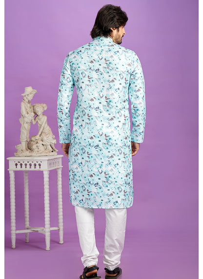 Blue Cotton Pintux Work Festival Wear Readymade Kurta Pajama SW174648