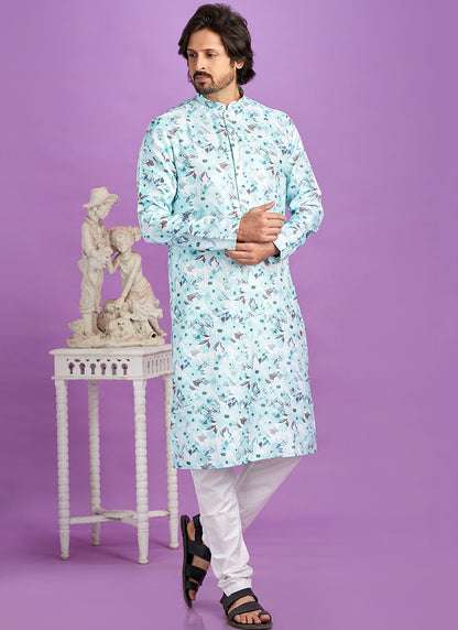 Blue Cotton Pintux Work Festival Wear Readymade Kurta Pajama SW174648