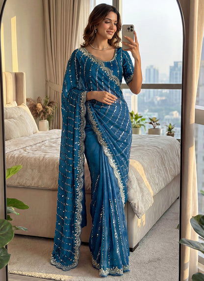 Blue Fendi Satin Sequins Work Festival Wear Saree SW179136