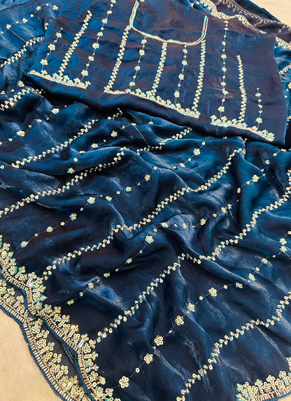 Blue Fendi Satin Sequins Work Festival Wear Saree SW179136