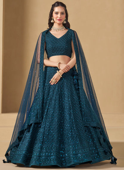 Georgette Blue Wedding Wear Thread Embroidery Work Lehenga Choli 385591