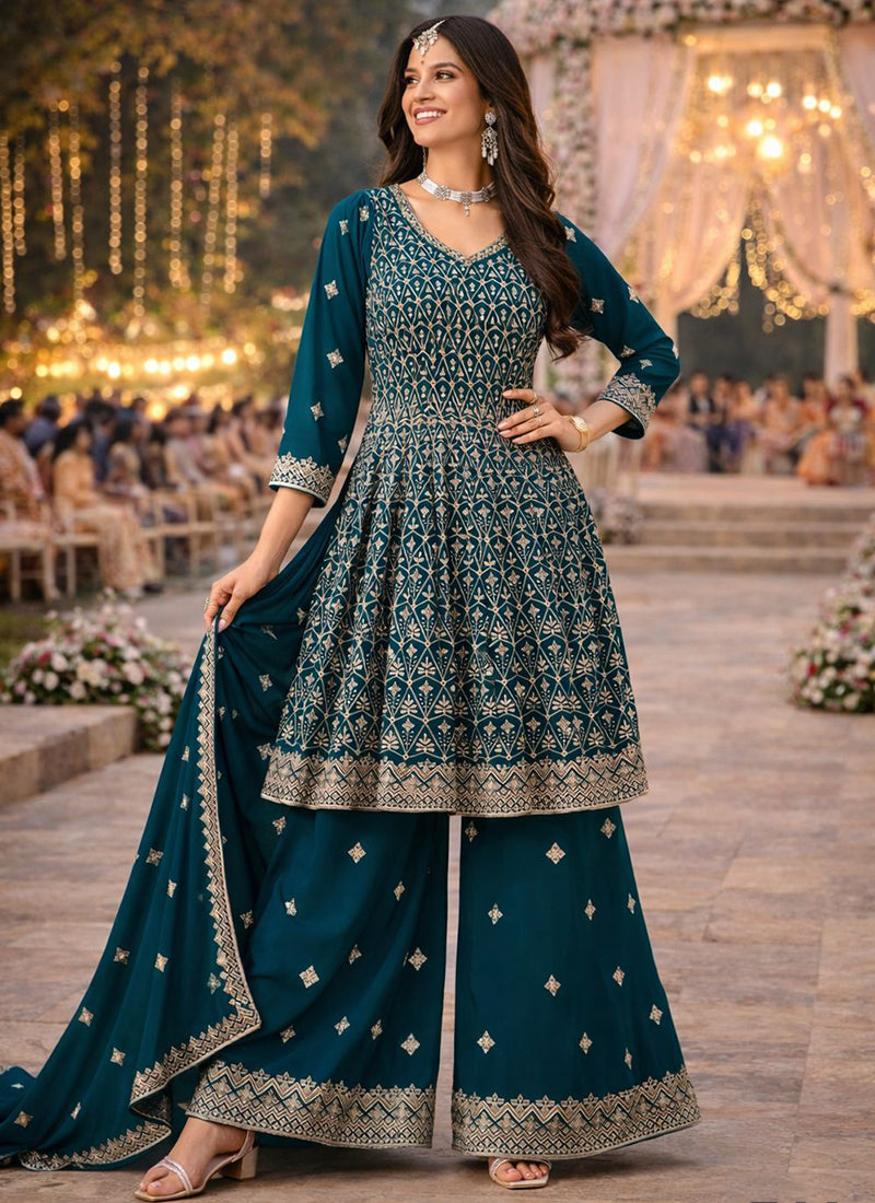 Blue Georgette Embroidery Work Wedding Wear Readymade Plazzo Suit SW878772