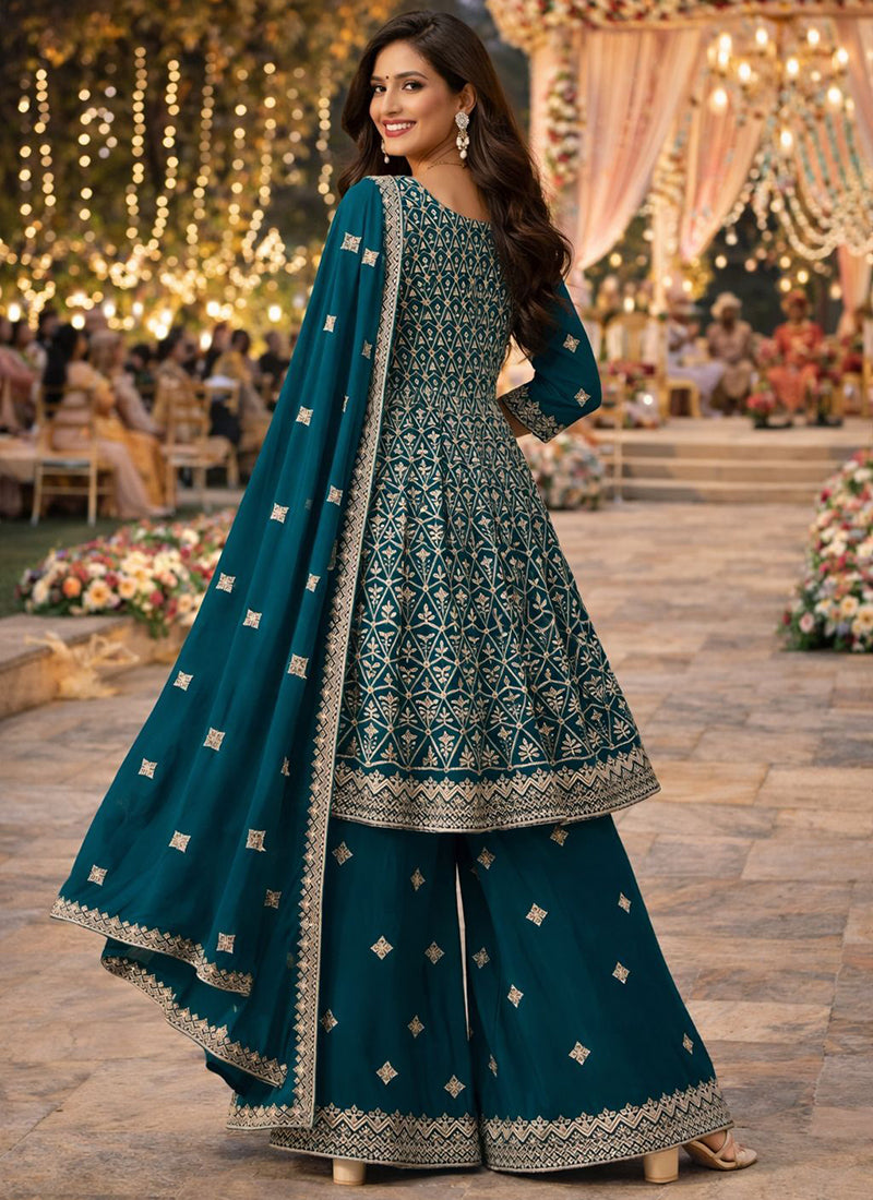 Blue Georgette Embroidery Work Wedding Wear Readymade Plazzo Suit SW878772