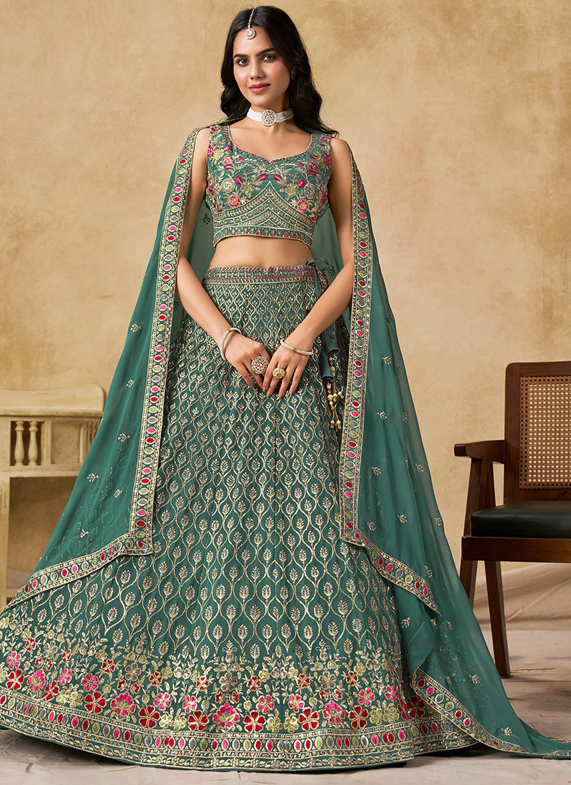 Georgette Blue Wedding Wear Thread Embroidery Work Lehenga Choli 387516