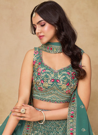 Georgette Blue Wedding Wear Thread Embroidery Work Lehenga Choli 387516