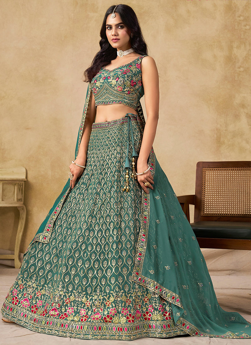 Georgette Blue Wedding Wear Thread Embroidery Work Lehenga Choli 387516