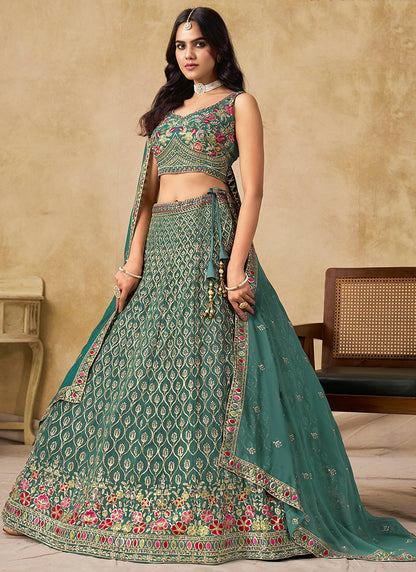 Georgette Blue Wedding Wear Thread Embroidery Work Lehenga Choli 387516