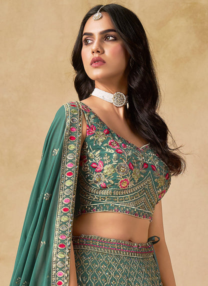 Georgette Blue Wedding Wear Thread Embroidery Work Lehenga Choli 387516