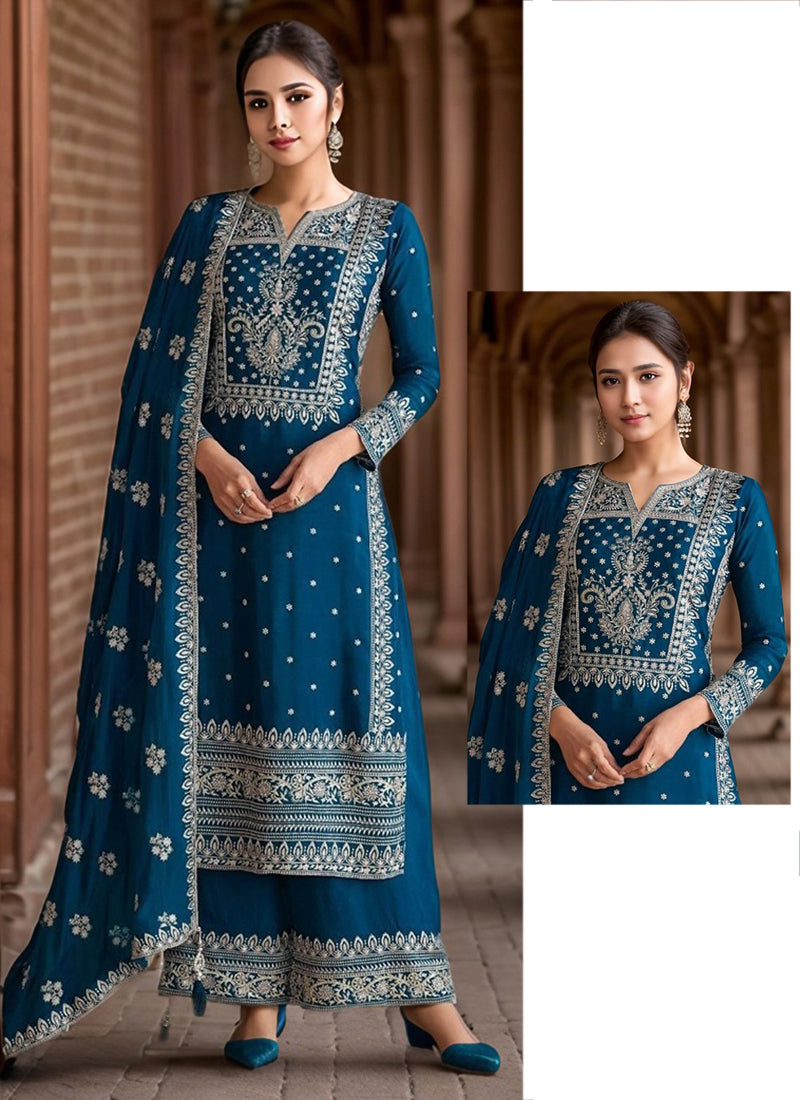 Heavy Chinon Blue Eid Wear Sequins Embroidery Work Readymade Pakistani Suit 388180