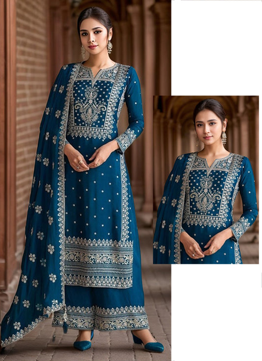 Heavy Chinon Blue Eid Wear Sequins Embroidery Work Readymade Pakistani Suit 388180