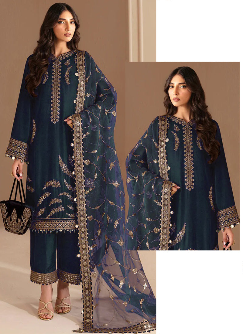 Heavy Chinon Blue Eid Wear Zari Work Readymade Pakistani Suit 388183