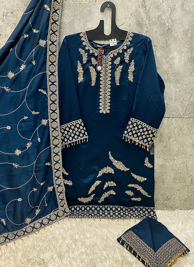 Heavy Chinon Blue Eid Wear Zari Work Readymade Pakistani Suit 388183