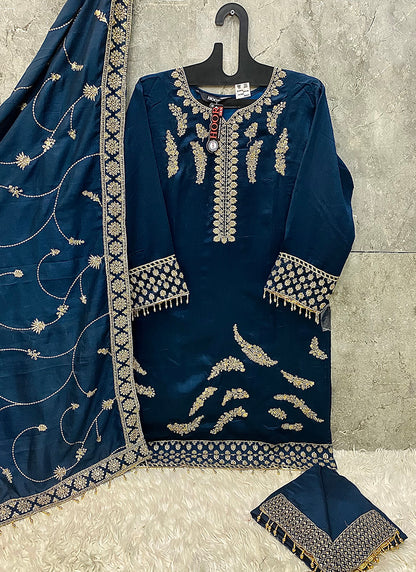 Heavy Chinon Blue Eid Wear Zari Work Readymade Pakistani Suit 388183