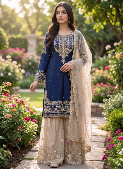 Blue Jimmy Choo Silk Zari Work Festival Wear Readymade Sharara Suit SW933843