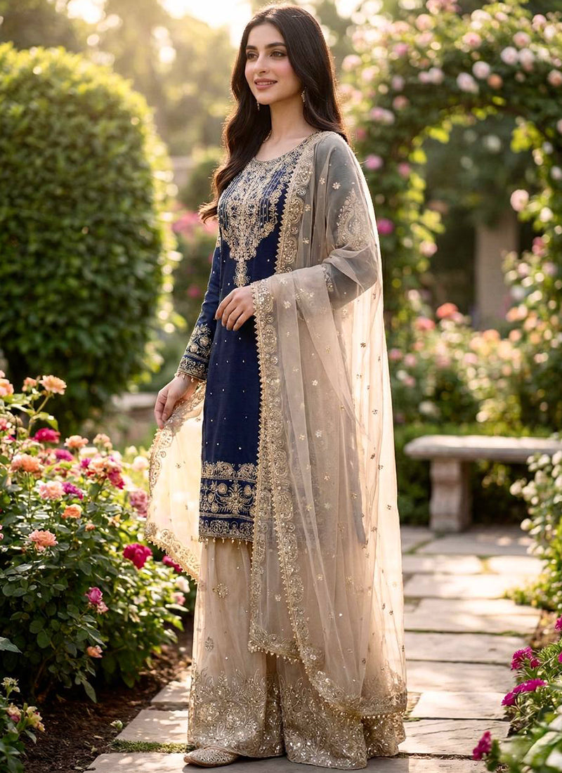 Blue Jimmy Choo Silk Zari Work Festival Wear Readymade Sharara Suit SW933843