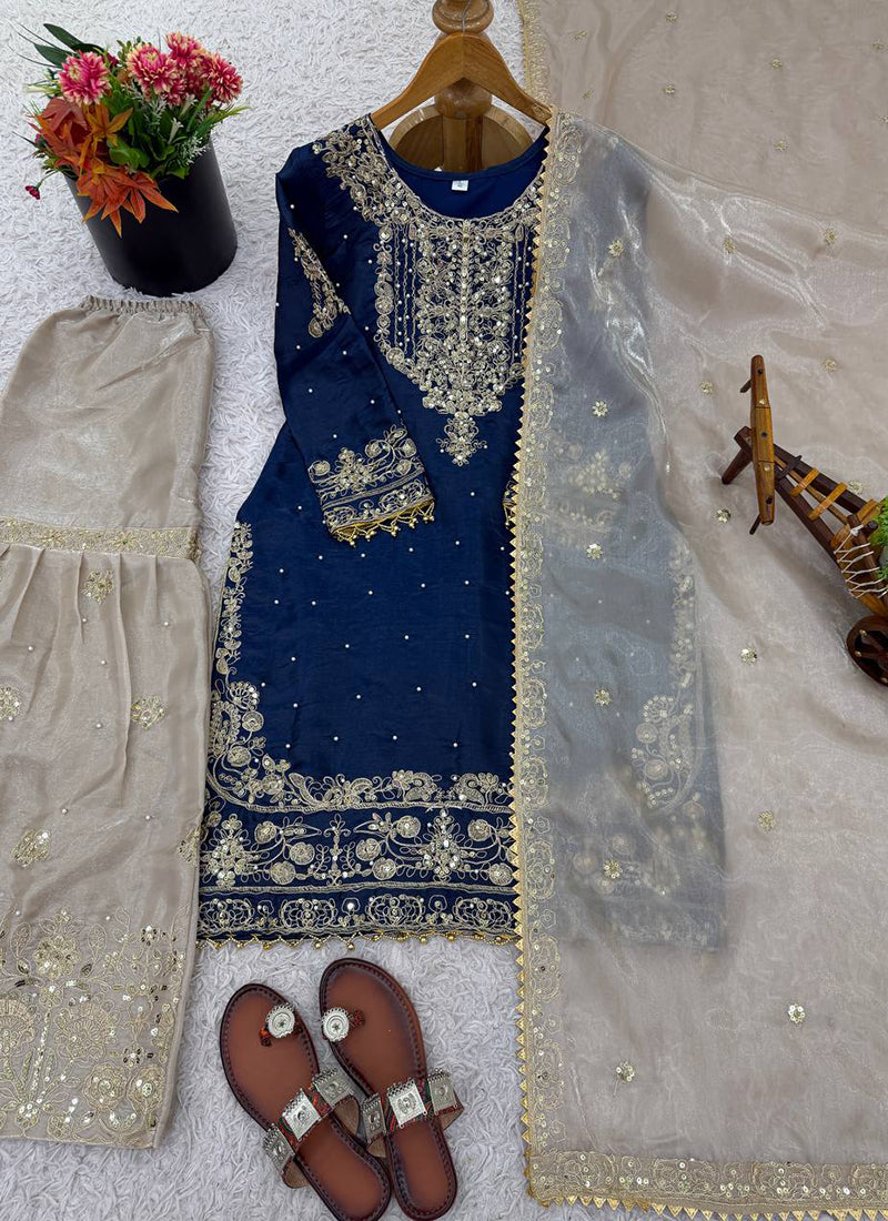 Blue Jimmy Choo Silk Zari Work Festival Wear Readymade Sharara Suit SW933843