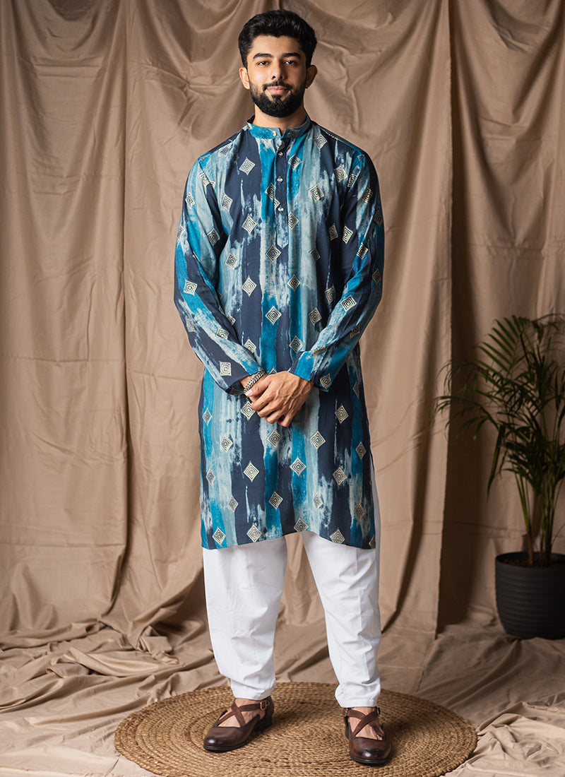 Blue Modal Silk Printed Work Festival Wear Readymade Kurta Pajama SW545618