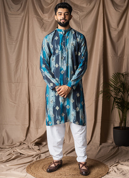 Blue Modal Silk Printed Work Festival Wear Readymade Kurta Pajama SW545618
