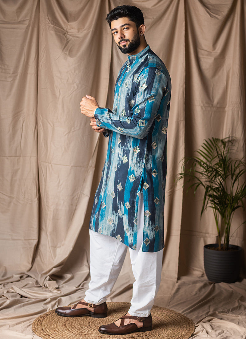 Blue Modal Silk Printed Work Festival Wear Readymade Kurta Pajama SW545618