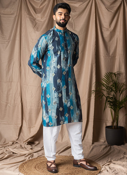 Blue Modal Silk Printed Work Festival Wear Readymade Kurta Pajama SW545618
