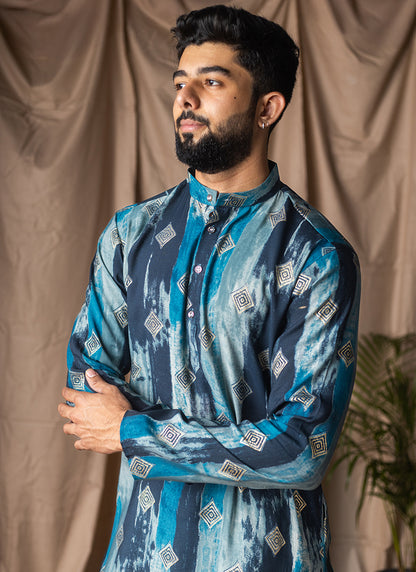 Blue Modal Silk Printed Work Festival Wear Readymade Kurta Pajama SW545618