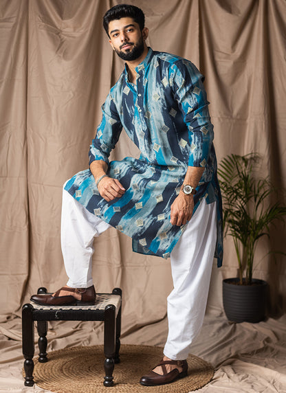 Blue Modal Silk Printed Work Festival Wear Readymade Kurta Pajama SW545618