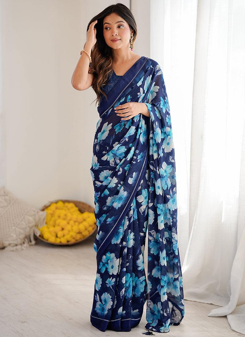 Moss Satin Patta Blue Daily Wear Floral Print Work Saree 388515