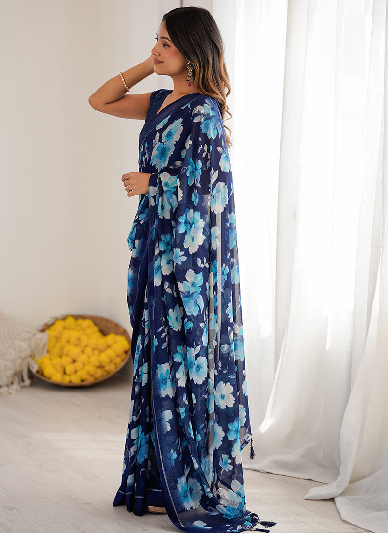 Moss Satin Patta Blue Daily Wear Floral Print Work Saree 388515