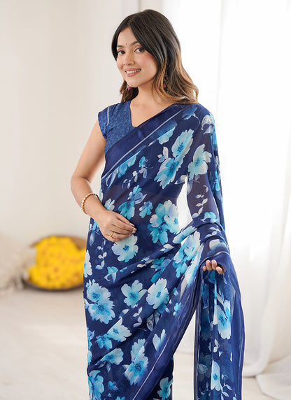 Moss Satin Patta Blue Daily Wear Floral Print Work Saree 388515