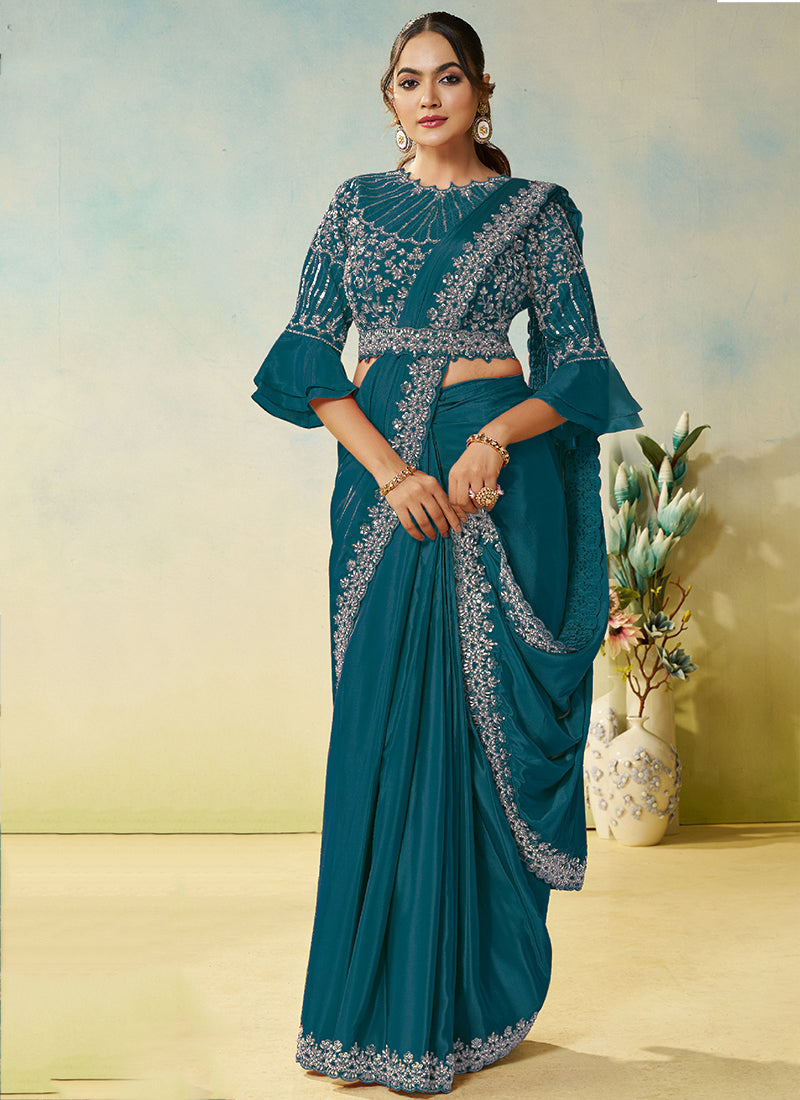 Blue Natural Satin Silk Sequin Work Party Wear Ready To Wear Saree SW425857