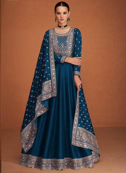 Premium Silk Blue Party Wear Sequin Embroidery Work Anarkali Gown 386165