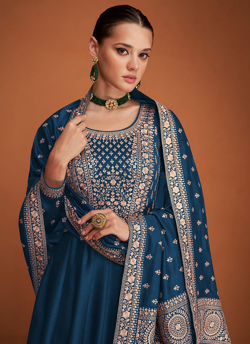 Premium Silk Blue Party Wear Sequin Embroidery Work Anarkali Gown 386165