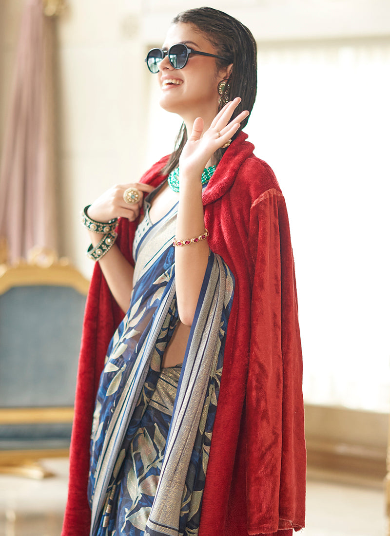 Pv Georgette Blue Festival Wear Weaving Work Saree 385835