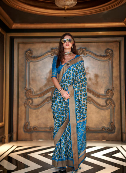 Pv Silk Blue Party Wear Printed Work Saree 385897