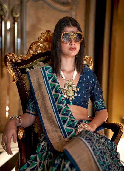 Pv Silk Blue Party Wear Printed Work Saree 385899