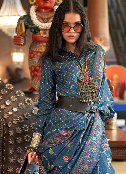 Pv Silk Blue Party Wear Printed Work Saree 385826