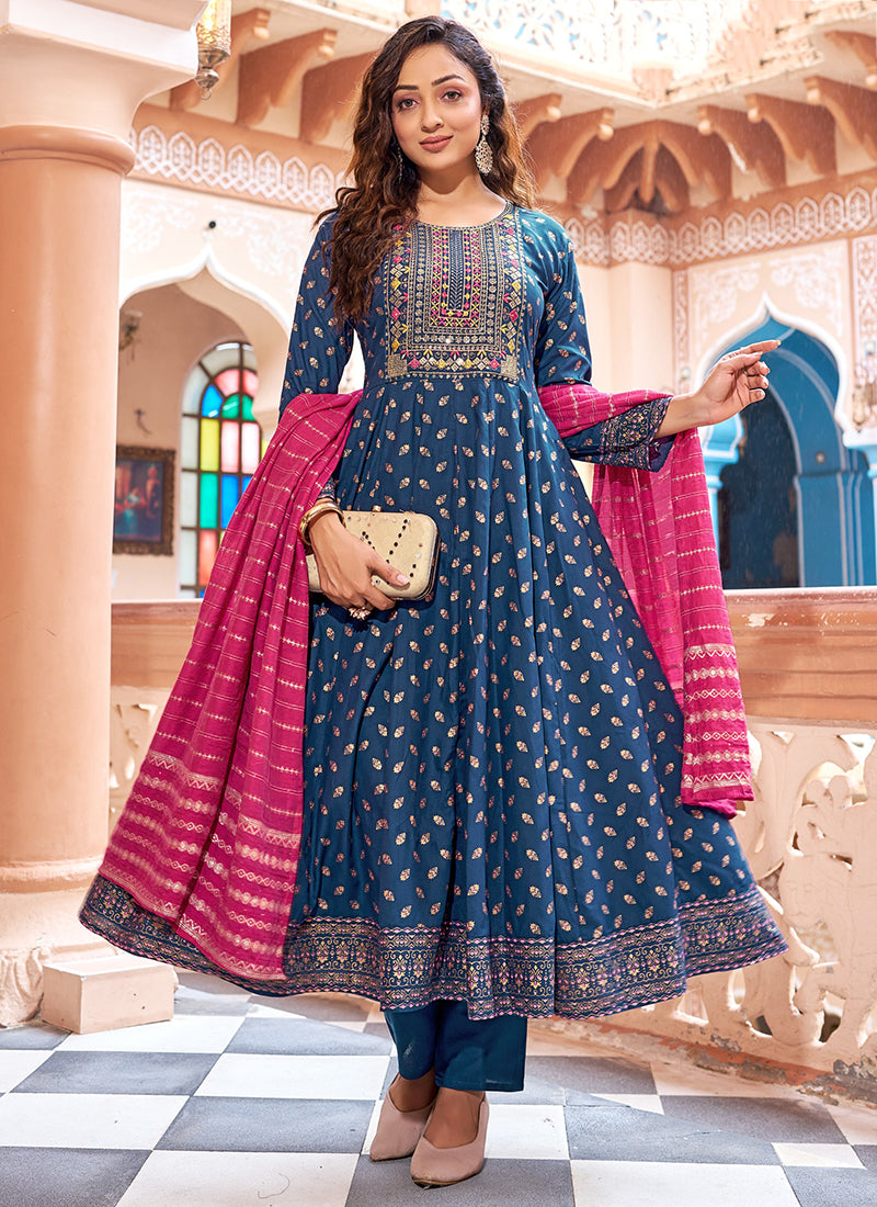 Rayon Blue Casual Wear Sequin Work Readymade Anarkali Suit 382165