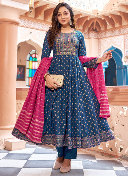 Rayon Blue Casual Wear Sequin Work Readymade Anarkali Suit 382165