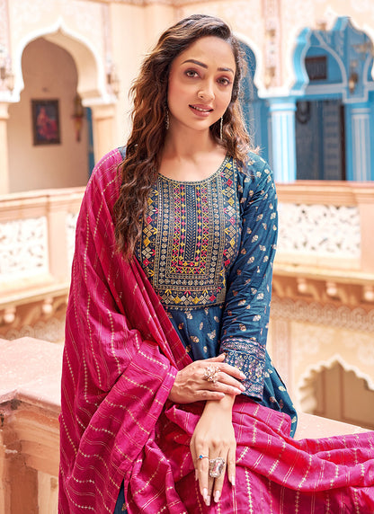 Rayon Blue Casual Wear Sequin Work Readymade Anarkali Suit 382165