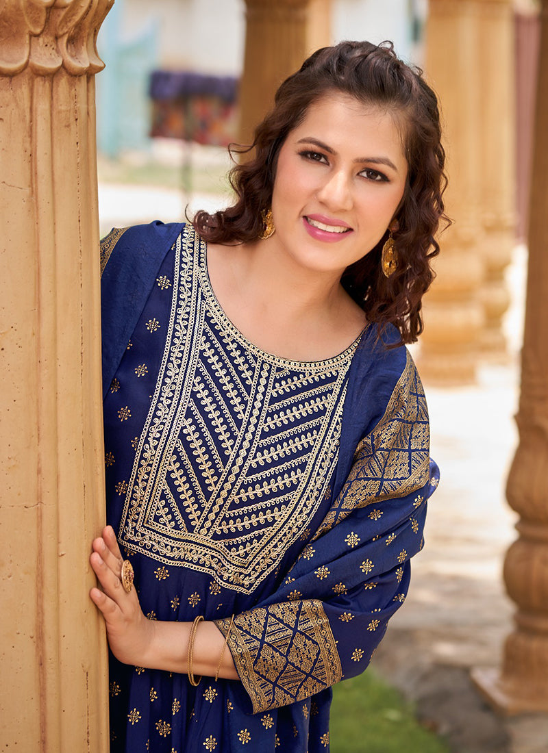 Rayon Blue Casual Wear Sequin Work Readymade Anarkali Suit 380563