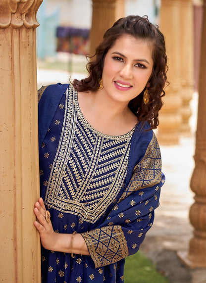 Rayon Blue Casual Wear Sequin Work Readymade Anarkali Suit 380563