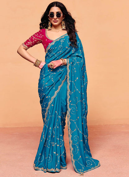 Blue Satin Silk Sequins Work  Party Wear Saree SW255157