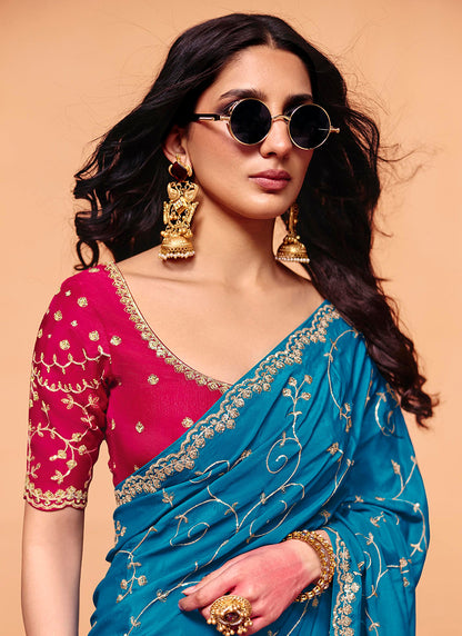 Blue Satin Silk Sequins Work  Party Wear Saree SW255157