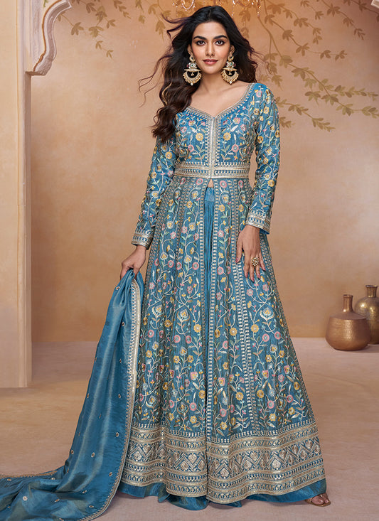 Shimmer Silk Blue Wedding Wear Embroidery Work Readymade Anarkali Suit 384429