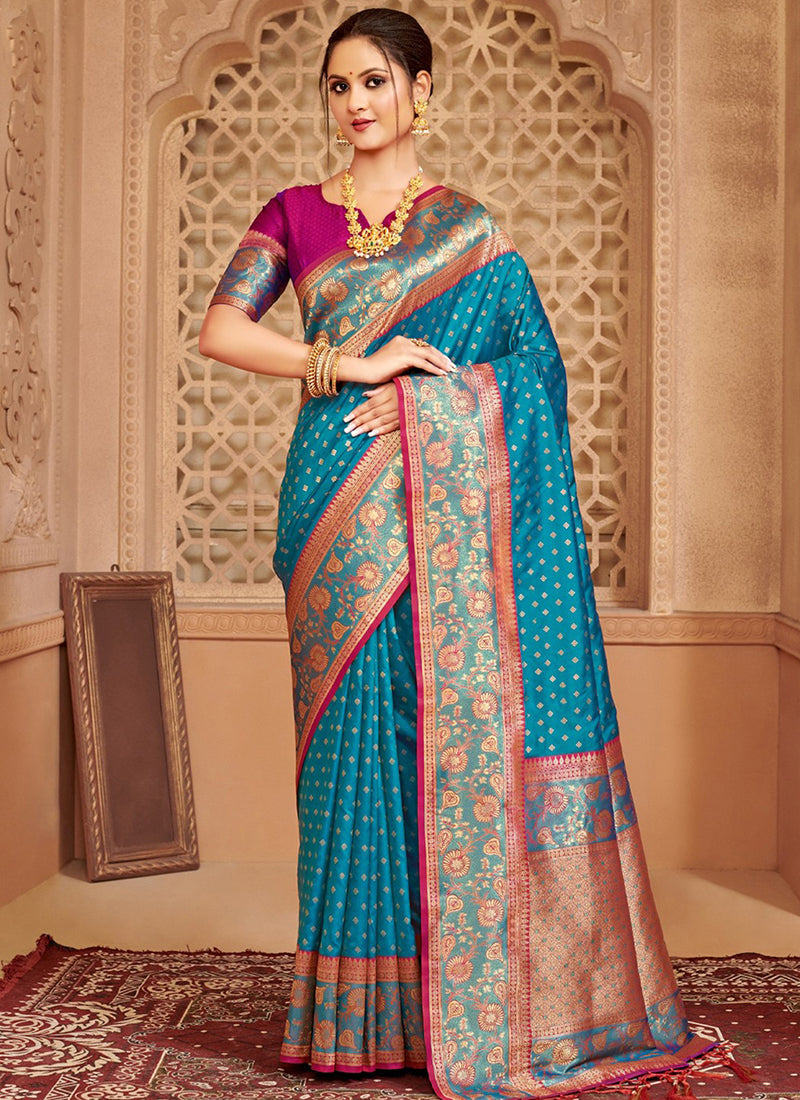 Silk Blend Blue Saree with Weaving Work for Festival Wear 384322