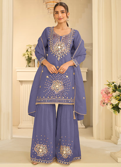 Silk Blue Party Wear Mirror Work Readymade Gharara Suit 390773