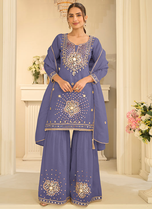 Silk Blue Party Wear Mirror Work Readymade Gharara Suit 390773