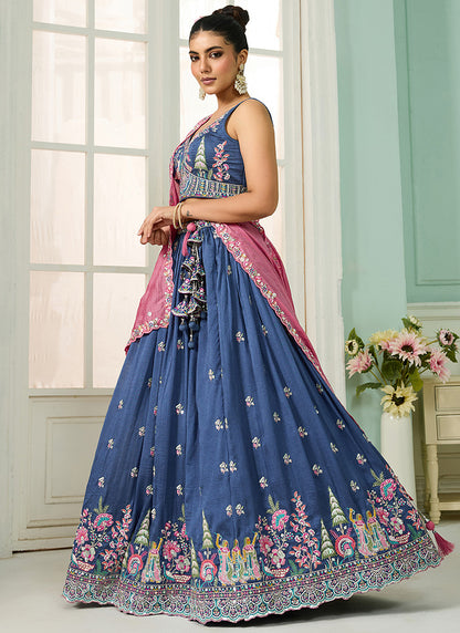 Vichitra Silk Blue Designer Wear Embroidery Work Lehenga Choli 385376